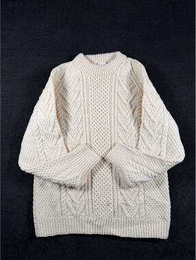 Aran Crafts Handknit 100% Pure Wool Irish Sweater Cream Cable Knit